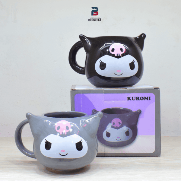 Mugs Kuromi Sanrio coleccionables en cerámica con diseño kawaii negro y gris