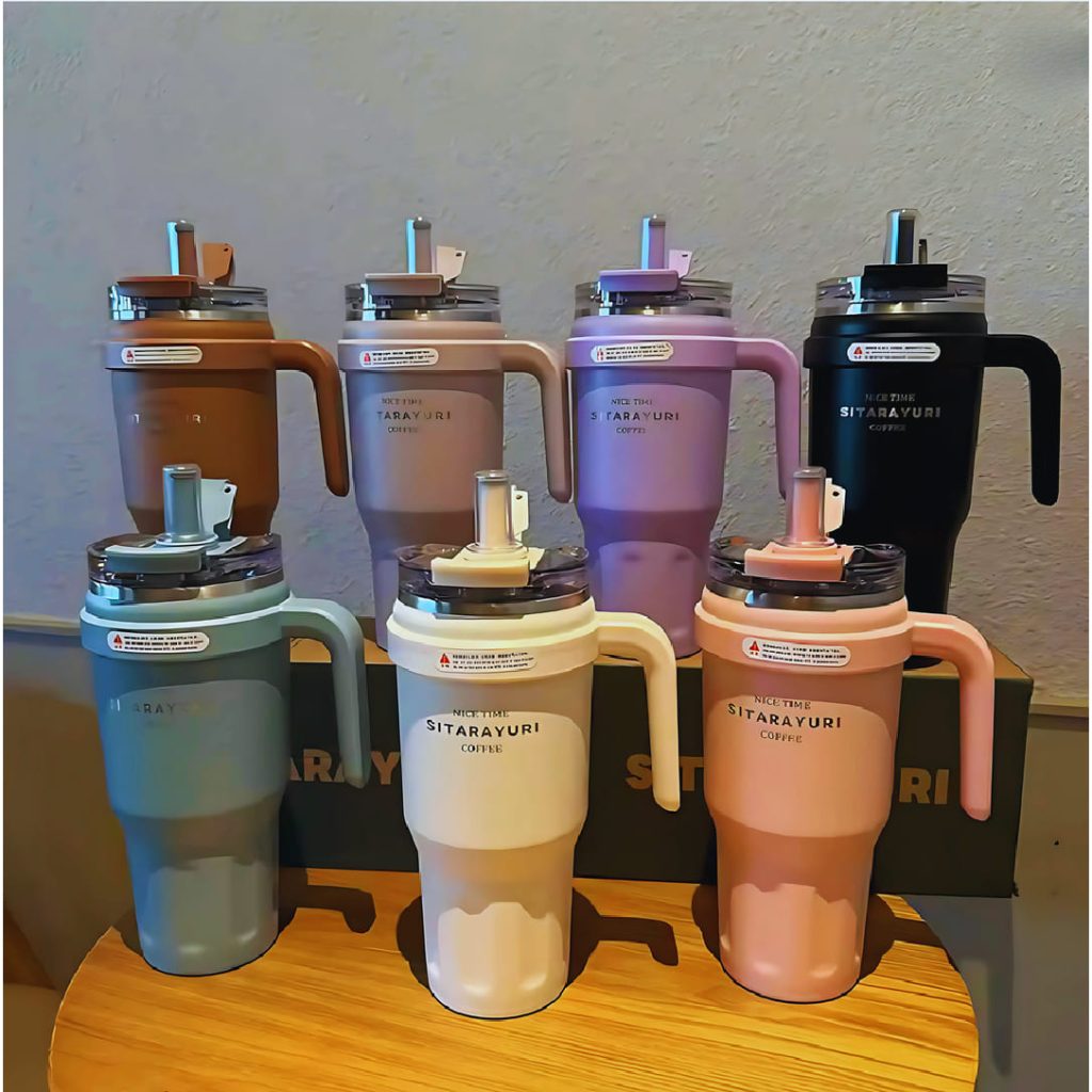 Termo SITARAYURI 780 ml con asa y sorbete — tapa transparente, base cónica y colores mate | Importaciones Bogotá