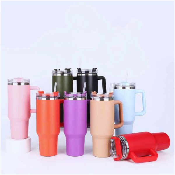 Termo tipo Stanley 1200 ml con asa y tapa transparente con sorbete en colores mate | Importaciones Bogotá