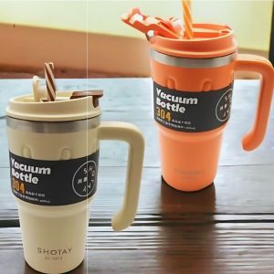 Termo SHOTAY 650 ml con asa y tapa con sorbete en colores crema y naranja | Importaciones Bogotá