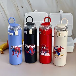 Termo Spider-Man 500 ml con tapa de botón, pitillo y cúpula protectora en colores azul, negro, rojo y crema | Importaciones Bogotá