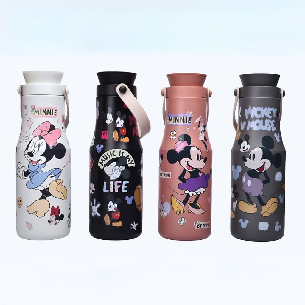 Termo Mickey Minnie de acero inoxidable con correa, doble pared y tapa hermética.