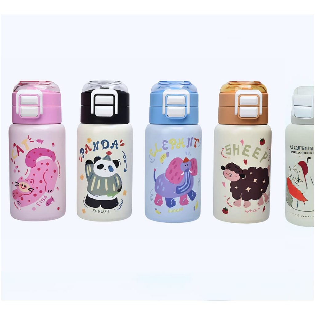 Termo animales 420 ml infantil con tapa de botón, boquilla protegida y cuerpo metálico en colores pastel | Importaciones Bogotá