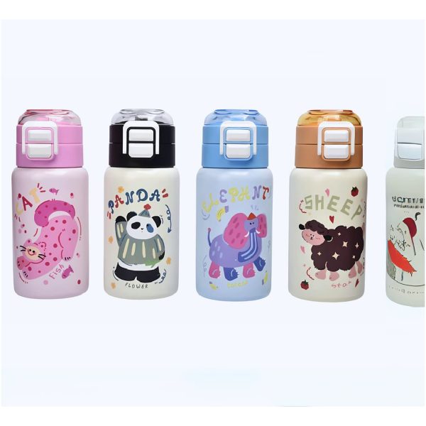 Termo animales 420 ml infantil con tapa de botón, boquilla protegida y cuerpo metálico en colores pastel | Importaciones Bogotá