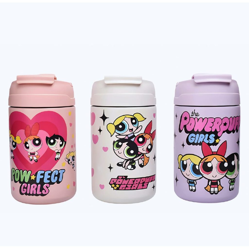 Termo Chicas Superpoderosas con tapa de botón y boquilla protegida en colores rosa, celeste y verde | Importaciones Bogotá