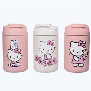 Termo Hello Kitty con tapa de botón, boquilla protegida y cuerpo metálico mate en tonos crema y rosa | Importaciones Bogotá