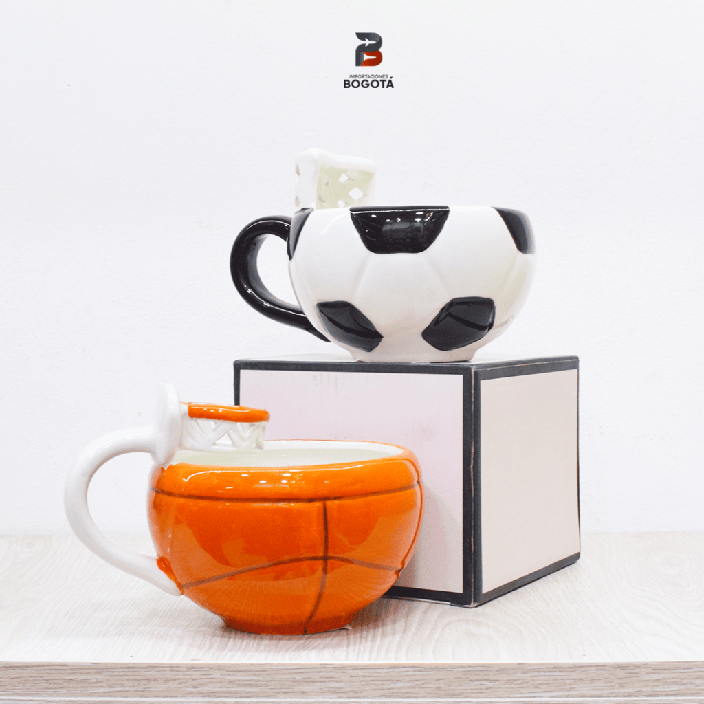 mug balón con aro en cerámica diseño fútbol y básquet 500 ml
