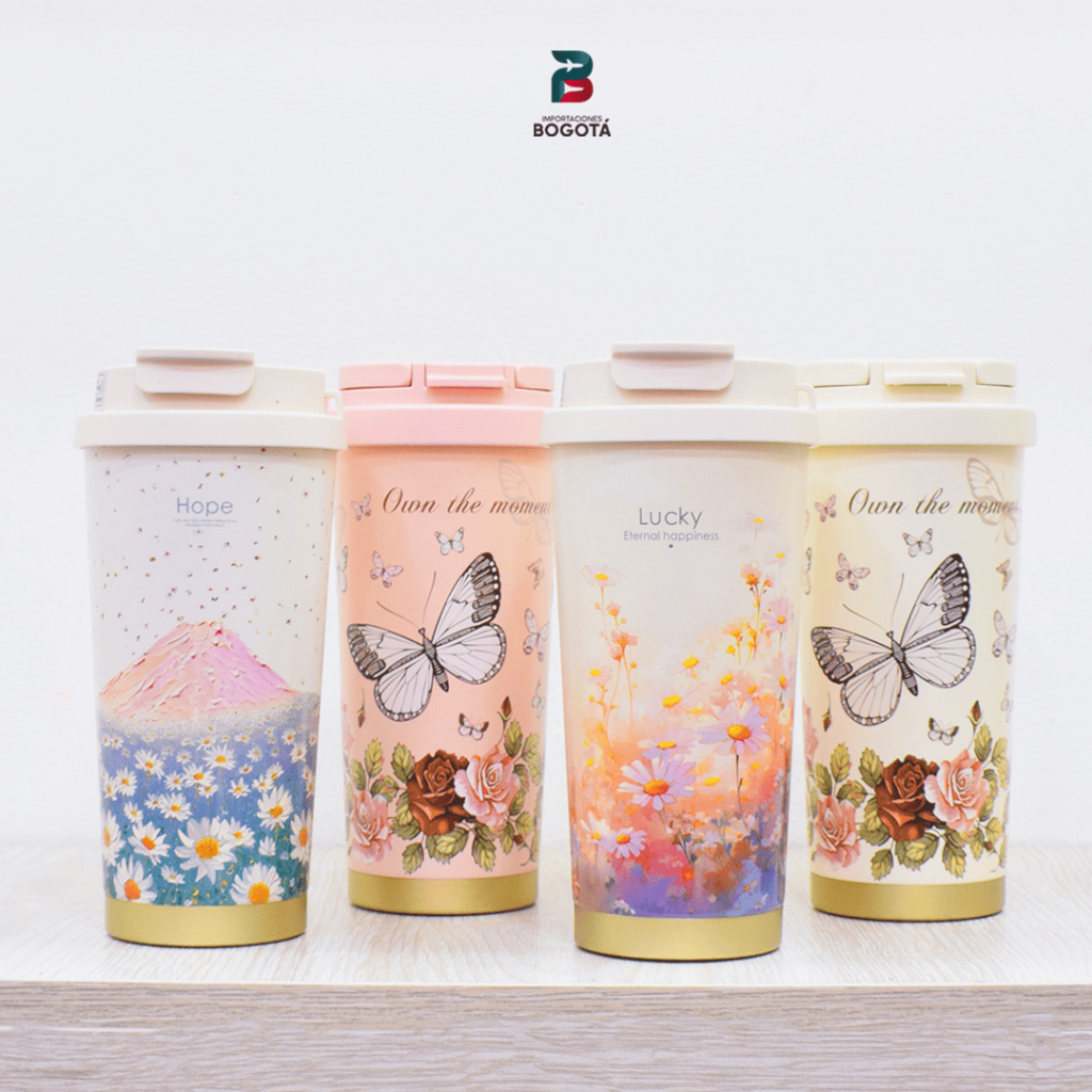 termo mariposas 560 ml con tapa hermética y diseños florales pastel