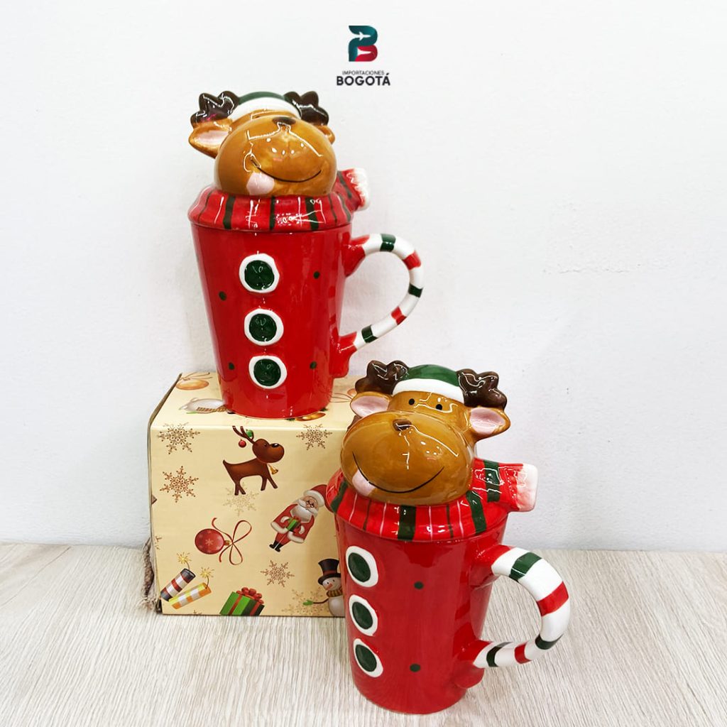 Mug navideño de reno 3D con tapa de cerámica decorativa