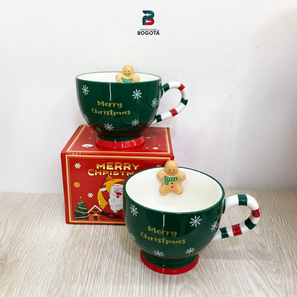 Mug navideño verde Merry Christmas con muñeco de jengibre 3D