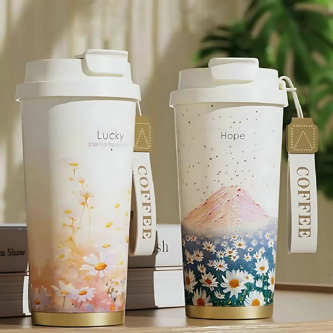 Termo Lucky & Hope de acero inoxidable con diseño floral y correa decorativa