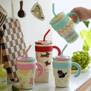 Termo de animales de acero inoxidable con asa y pitillo de silicona