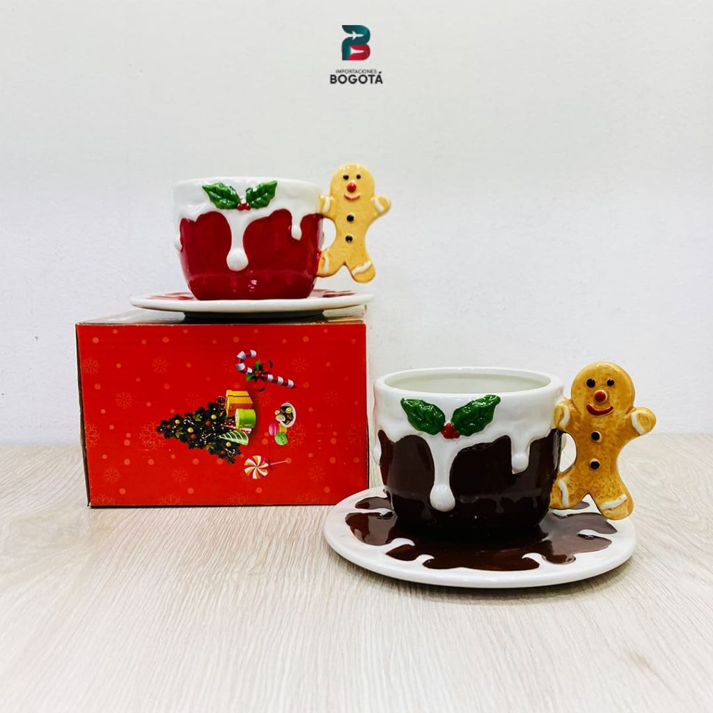 Taza navideña de cerámica con figura 3D de muñeco de jengibre y plato decorativo