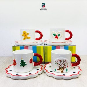 Set de tazas de cerámica con plato y diseños navideños en relieve